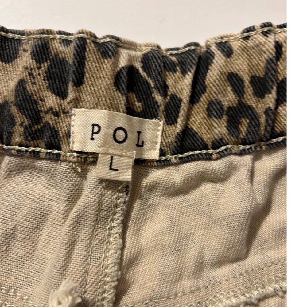 POL Leopard Print Patchwork Wide Leg Distressed Pants Tan Brown Lg Preppy Boho - Picture 7 of 9